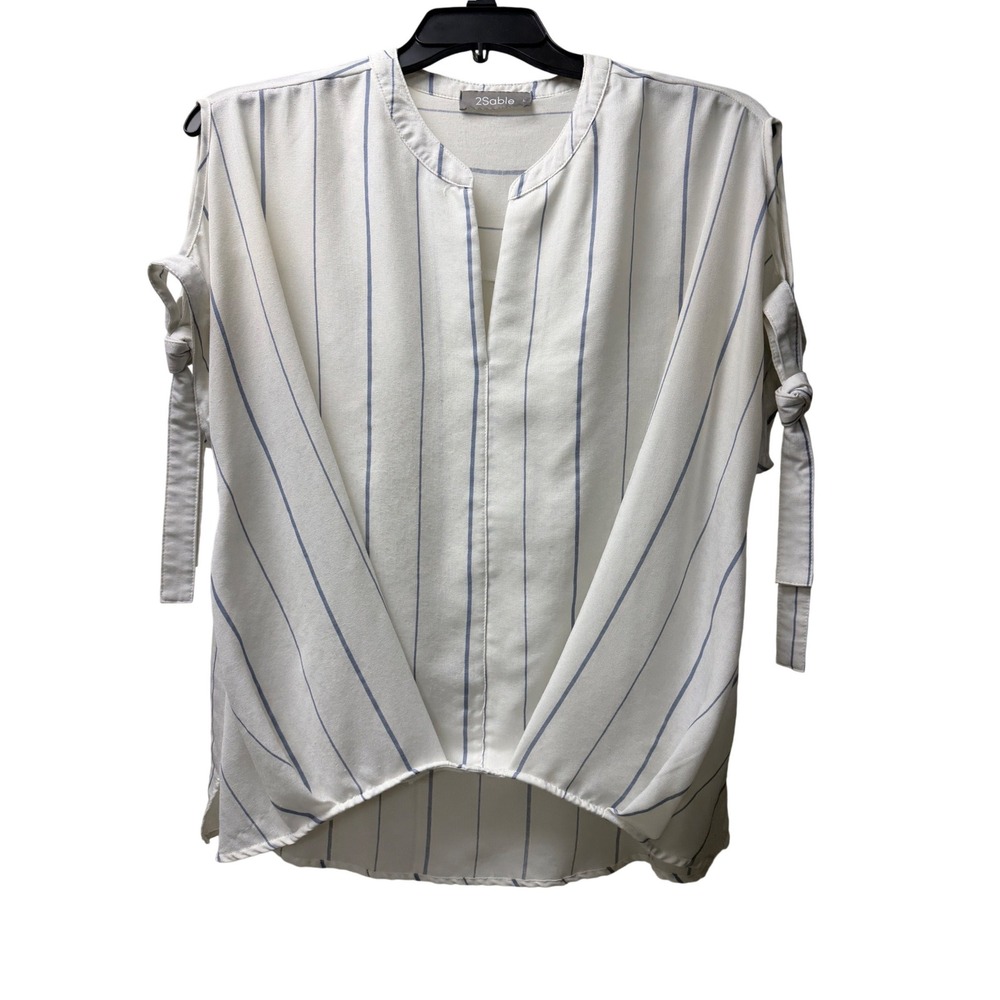 2Sable White Blue Stripe Tie Sleeve Blouse Size‎ Large